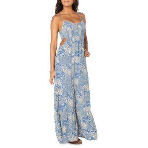 Roxy Dusty Blue Spaghetti Strap Dress w/ Tropical Print, Cutouts, Smocking